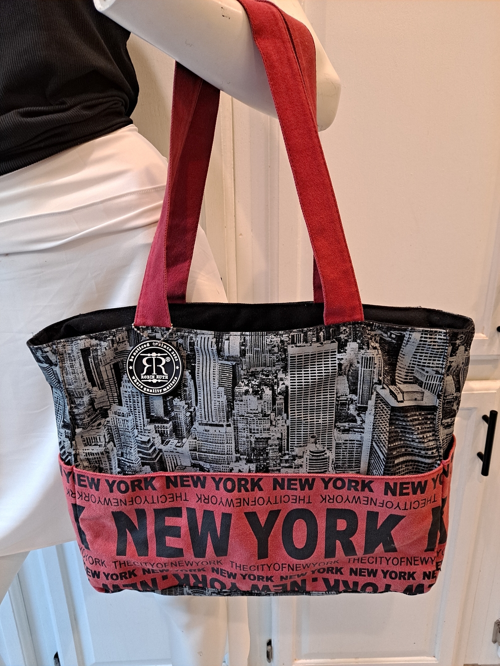 Robin Ruth New York Skyline Cityscape Graphic Cotton Canvas Tote w/Red Handles